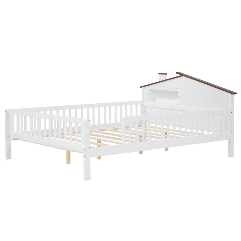 Twin/Full Size House Platform Bed with LED Light and Fence Guardrails, Wooden Kids Bed Frame with House Shaped Headboard