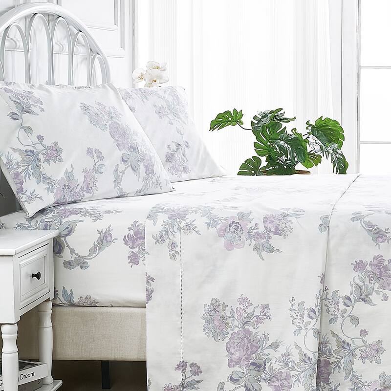 Printed Prewashed Cotton Blue Collection (Individual Set Sell Separately) - Purple Big Floral Sheet Set - Queen - 4 Piece