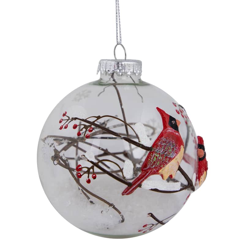Cardinals Snowy Winter Scene Glass Ball Christmas Ornament - 4" - Red