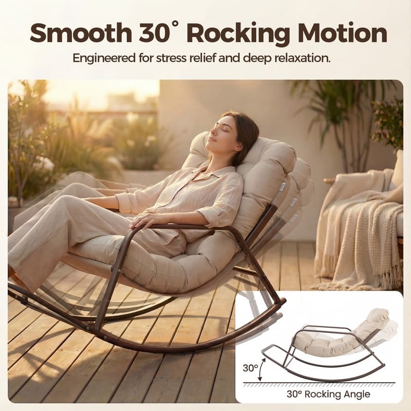 Oversized Papasan Rocking Lounge Chair with Footrest, Heavy-Duty 450lbs Metal Frame, Indoor Outdoor Patio Rocker with Cushion