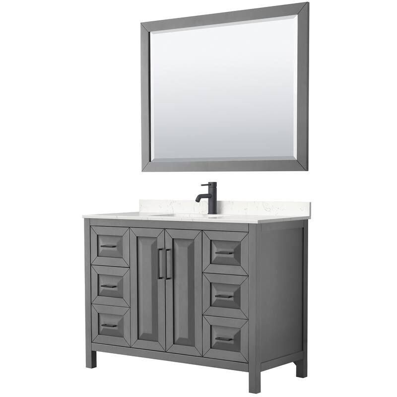 Daria 48 Inch Single Vanity, Cultured Marble Top, 46 Inch Mirror - Dark Gray, Black Trim, Carrara Cultured Marble Top