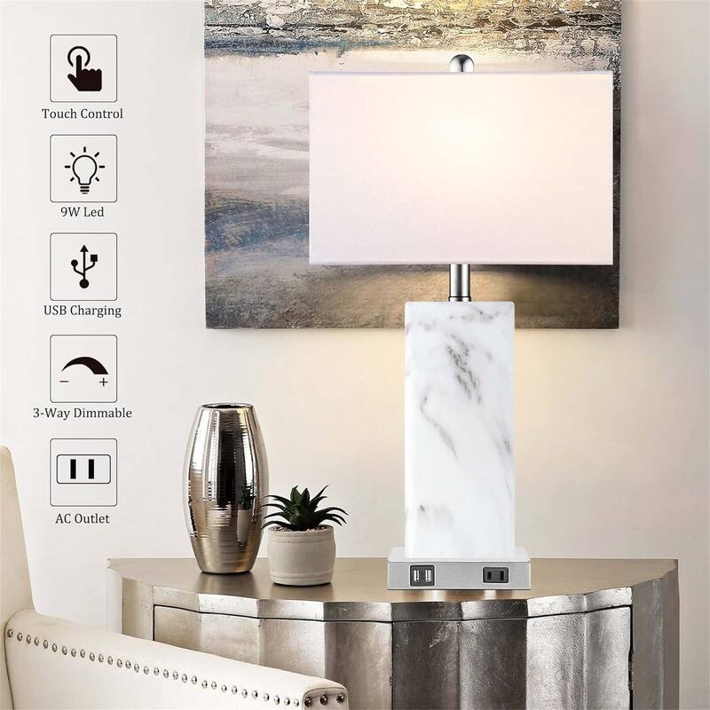 2 PCS Touch Control Ceramic Bedside Lamp w/ 2 USB Ports 1 AC Outlet (LED Bulbs Included)