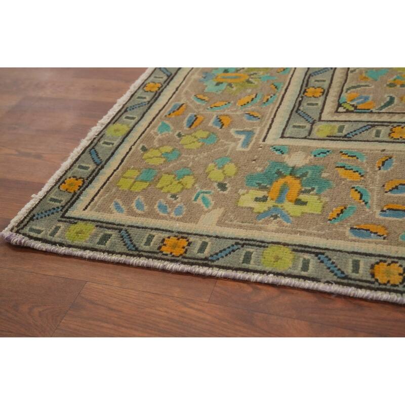 Hand Knotted Oriental 100% Wool Carpet Traditional Floral Green Tabriz Area Rug - 8' 11'' X 6' 4''