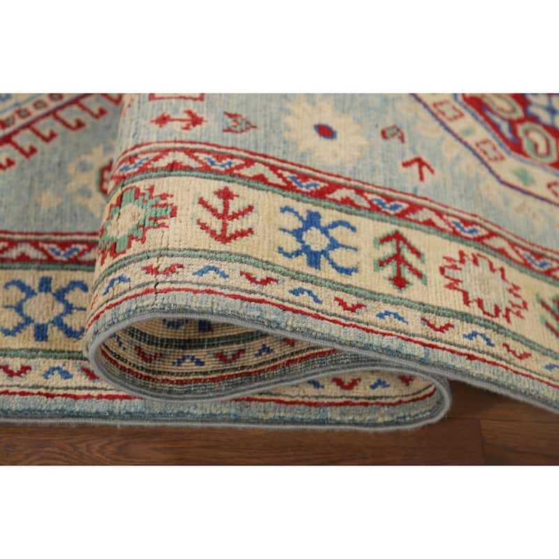 Light Blue Kazak Runner Rug Hand-Knotted Oriental Foyer Wool Carpet - 2'8" x 16'0"