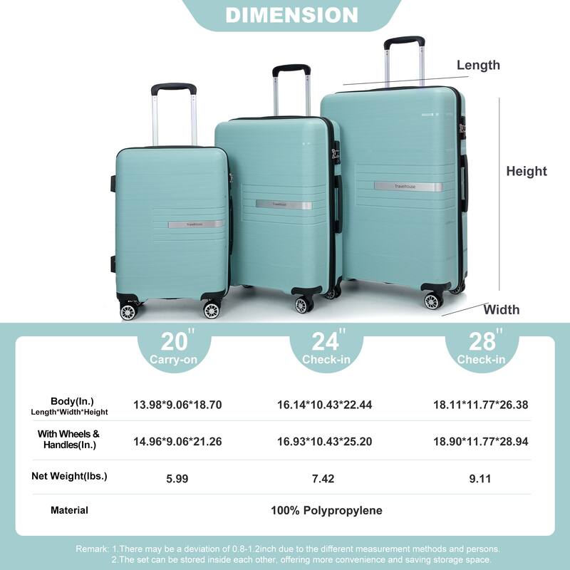 3-Piece, Hard-shell Luggage, Lightweight Luggage with TSA Lock and 2 Swivel Wheels, for Boarding Travel, Light Green