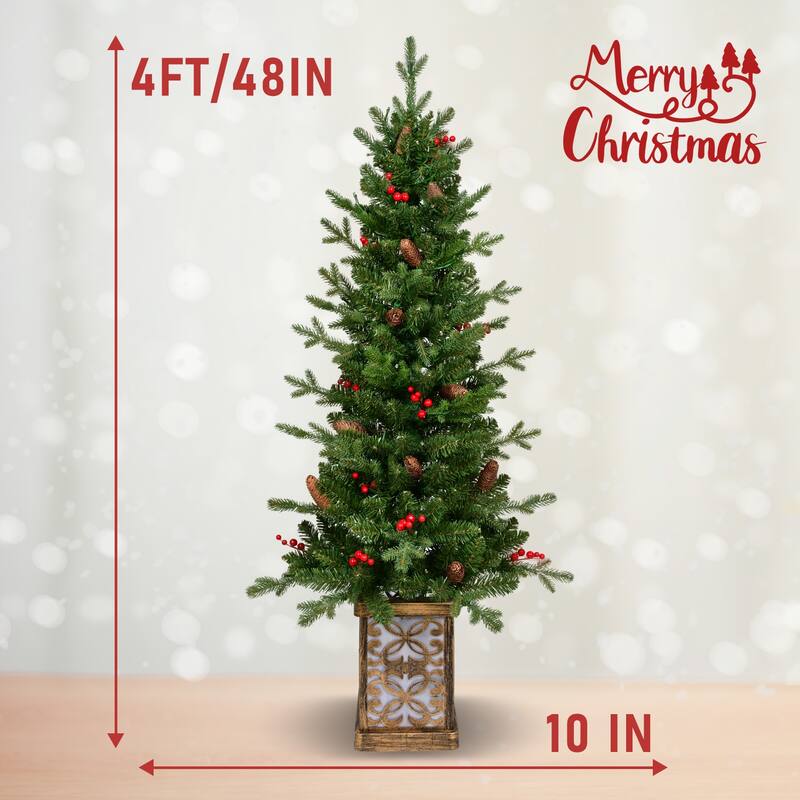 4ft Pre-Lit Green Christmas Tree With Glitter Base-100 Multicolor Led Lights,396 Tips,Red Berries & Pine Coness