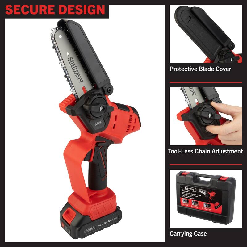Mini Chainsaw - 5-Inch Chain Saw with 20V 1500mah Lithium Ion Battery, Charger, Carry Case - Handheld Saw by Stalwart (Black)