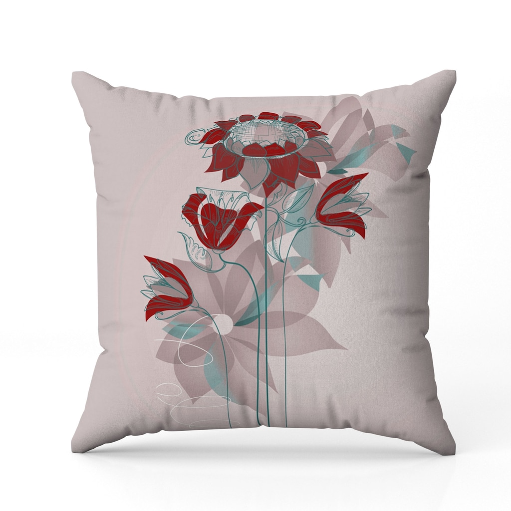 Flowers Line Art Indoor/Outdoor Reversible Throw Pillow Pink and Red