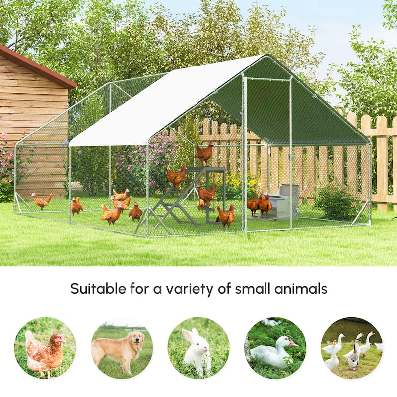 Silver Galvanized Steel Chicken Coop with Powder-Coated Mesh and Lockable Door Large Outdoor Run