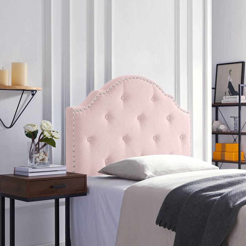 Roomfitters Twin Size Upholstered Headboard with Button Tufting and Nailhead Trim, Blush Pink