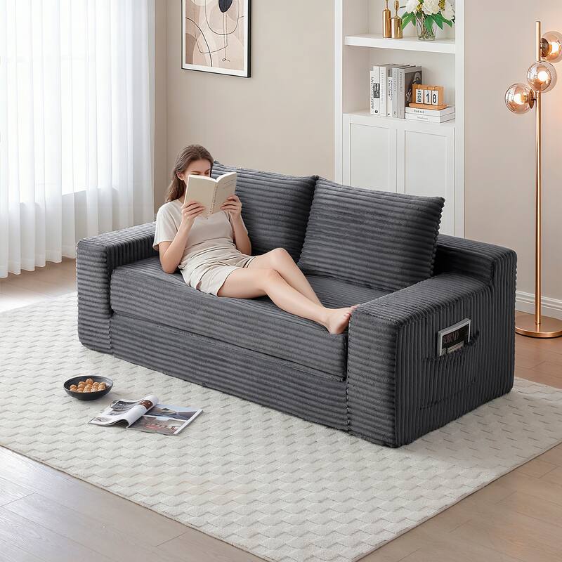 Memory Foam Cloud Loveseat Sofa, 2 in 1 Convertible Folding Couch Bed, No Assembly Compressed Corduroy Floor Lounge Sofa