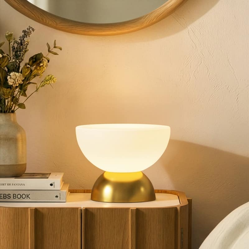 Brightech Lamina LED Vintage Antiqued Brass Gold Midcentury Round Dome Dimmable Bedside Nightstand Desk Lamp