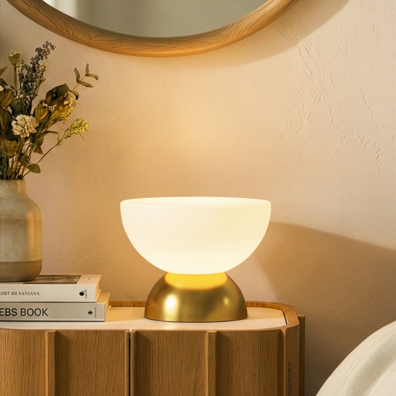 Brightech Lamina LED Vintage Antiqued Brass Gold Midcentury Round Dome Dimmable Bedside Nightstand Desk Lamp