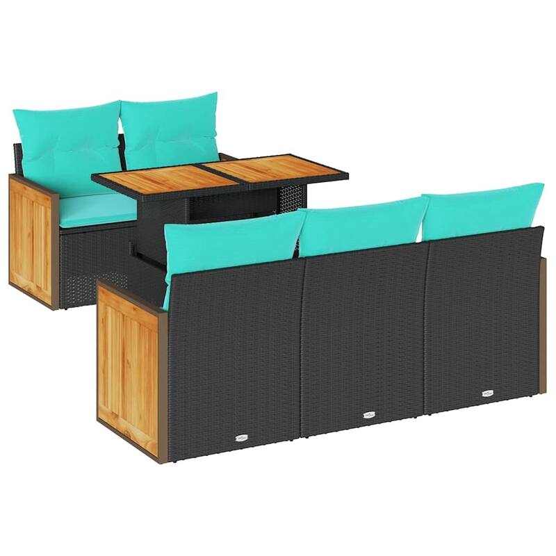vidaXL 6 Piece Garden Sofa Set with Cushions Black Poly Rattan Acacia - 21.7 x 24.4 x 27.2