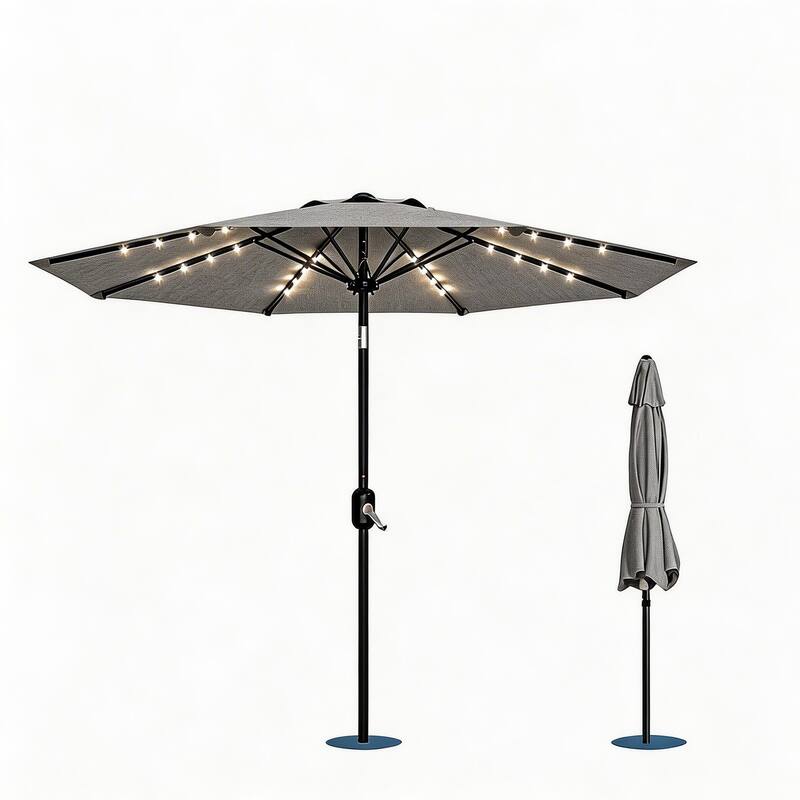 9 ft Patio Umbrella, 8 Sturdy Ribs, with Lights - Grey