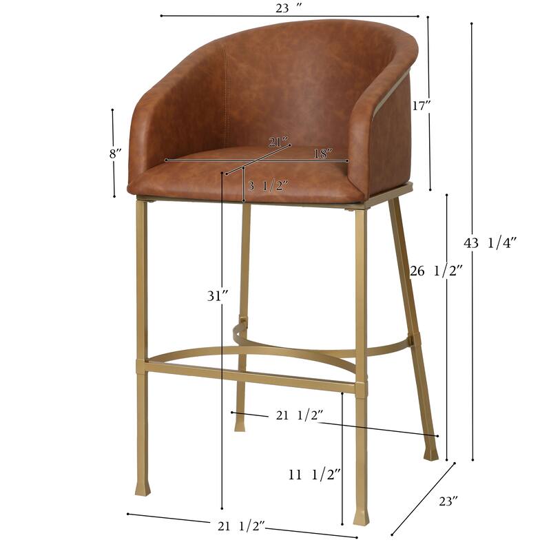 Hampton Modern Bar Stool, Faux Leather and Gold Finish Metal Frame