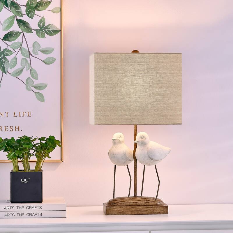 20"H White and Brown Resin Birds Table Lamp With Shade - 11" x 7" x 20"