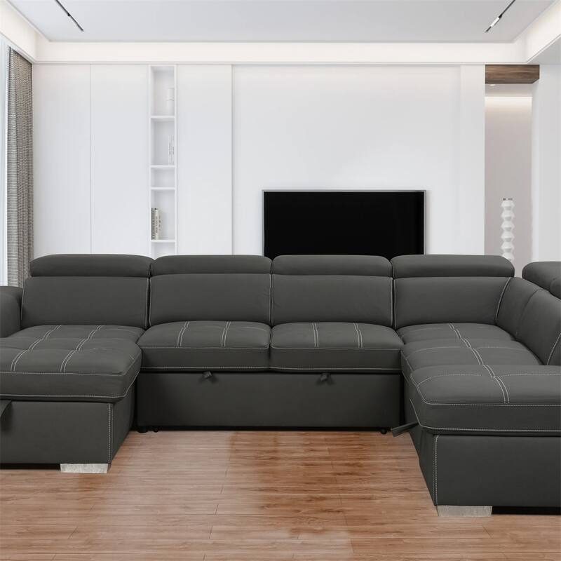 128" 7 Seater U-Shaped Sectional Couch with Ottomans, Storage Seat