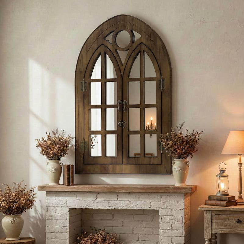 Classic Arched Wood Framed Window Pane Wall Mirror