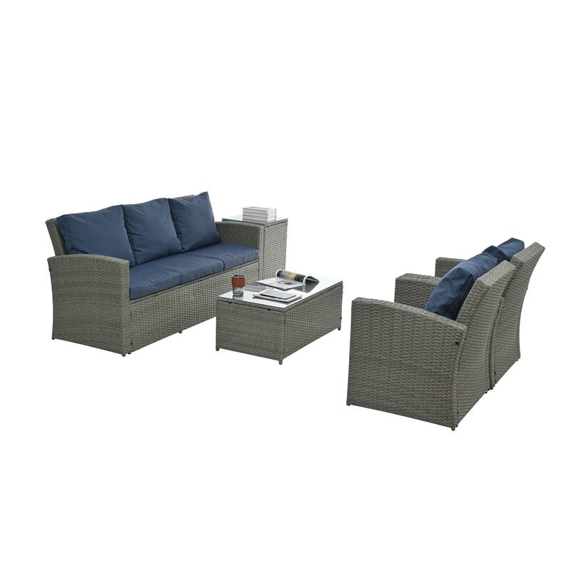 Seasonal PE Wicker Furniture set 5 piece With Tempered Glass Table Top - N/A