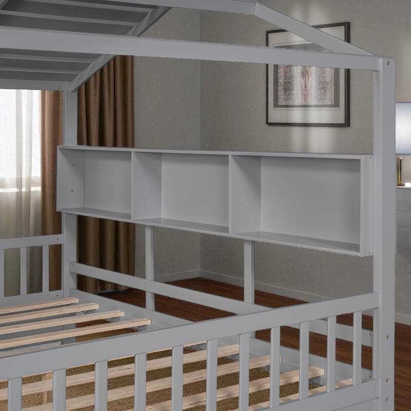 Wooden Twin/Full House Bed with Roof, 2 Storage Drawers & Rear Shelf, Kids Platform Bed with Slats, Gray