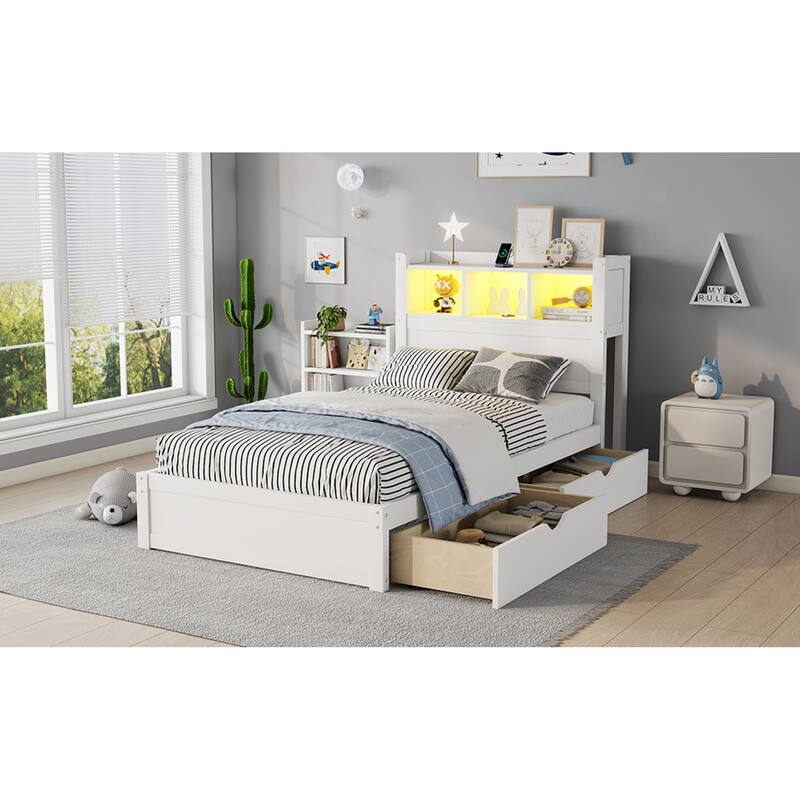 Roomfitters Twin/Full Platform Bed, LED Bookcase Headboard and Pull Out Storage Drawers with Wooden Frame for Bedrooms