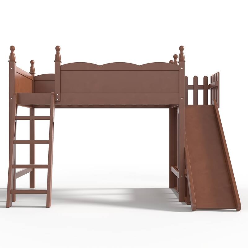 Twin Loft Bed with Storage Shelves and Wardrobe, Solid Wood Loft Beds with Detachable Slide and Ladders, No Spring Box Needed