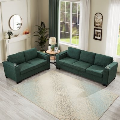 Roomfitters 2-Piece 2+3 Seater Sofa Set with Square Armrests, Upholstered Fabric Couches with Cup Holder and Storage