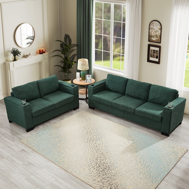 Set of 2 Loveseat Sofa & 3 Seater Couch with Storage and Cup Holders - Green