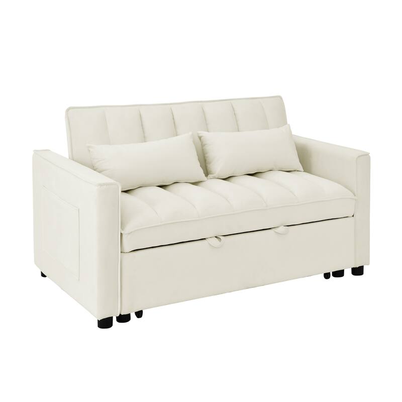 Velvet 3 in 1 Pull Out Loveseat Sofa Convertible Sleeper Love Seat Bed Adjustable Backrest Tufted Couch with 2 Pillow & Pockets