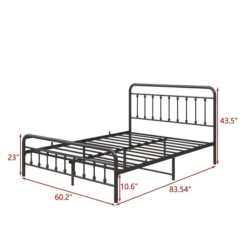 Metal Bed Frame Queen Size Platform w/Vintage Headboard and Footboard