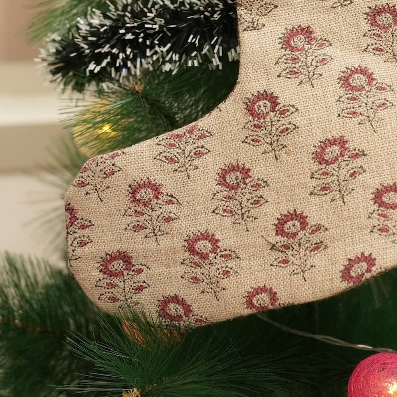 Fabdivine Hand Block Floral Print Christmas Knit Stockings, Home Decorative Gift Use - 16"X6.5" - Bagru Buti- Red, Black - Christmas Stockings