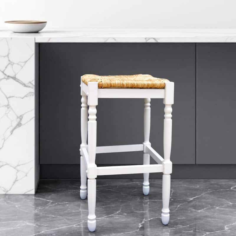 Solid Wood Rush Seat Backless Counter Height Stool with Footrest