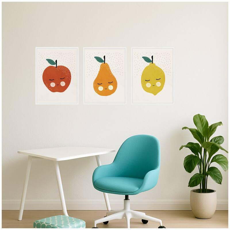 Kate and Laurel Cute Apple Lemon Pear 3 Piece Framed Canvas Wall Art Set by July Art Prints