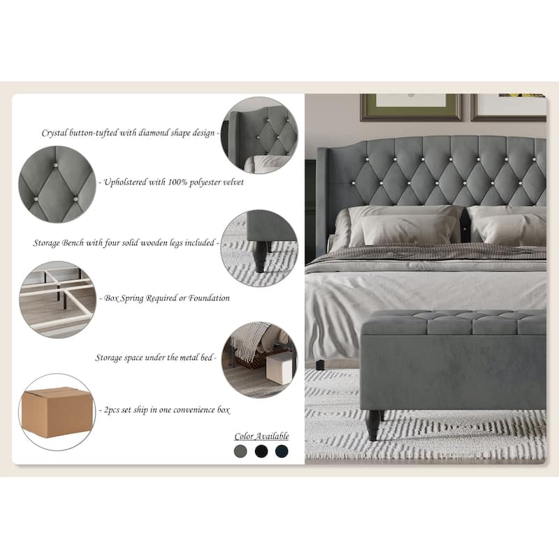CraftPorch 2 Piece Bedroom Bench Set Velvet Wingback Upholstered Bed