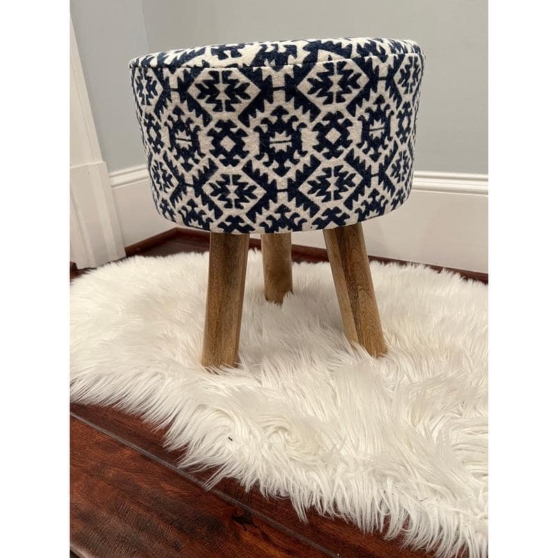 HERAT ORIENTAL Wooden Round Upholstered Cloth Stool - 14"W x 14"D x 17"H
