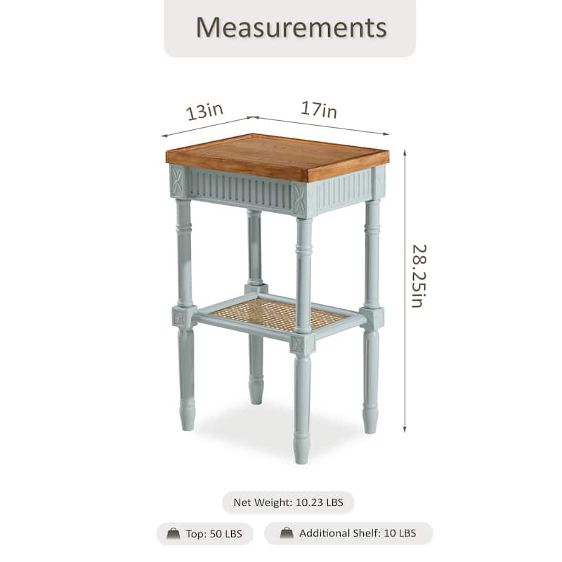 COZAYH French Country Distressed Accent Table, Espresso Tray Top and Woven Wicker Shelf, Boho, Farmhouse, Rustic Decor