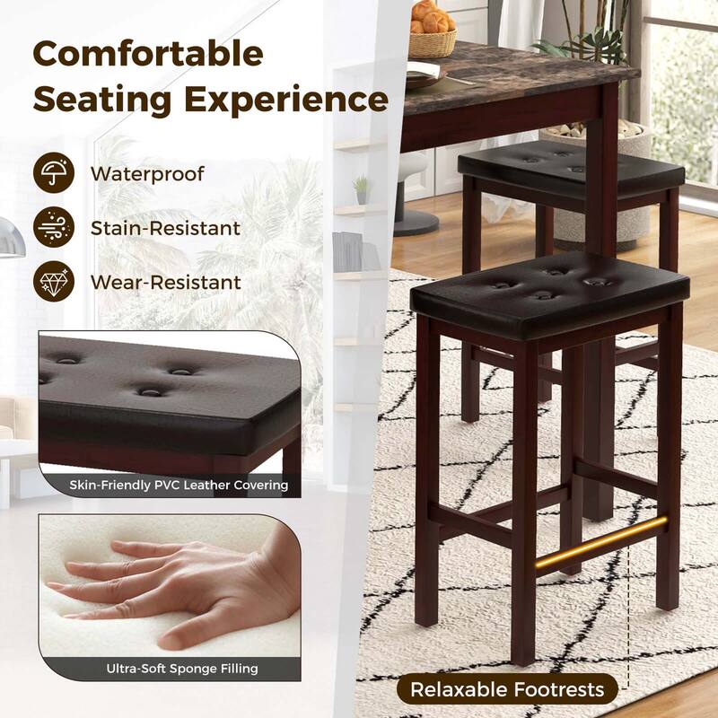 5 PCS Bar Table Set Square Dining Table & 4 PVC Leather Bar Stools