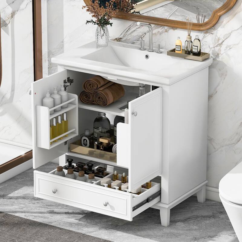 Modern 30" Bathroom Vanity with Ceramic Sink, Storage Cabinet with Door Racks, Detachable Drawer Divider and Adjustable Shelf - White