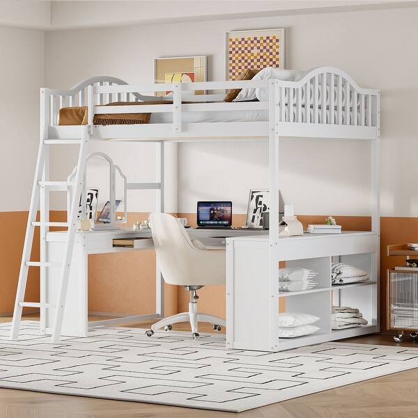 slide 2 of 54, Full Size Wooden Loft Bed with U-Shaped Desk, Storage Compartments & Tri-Fold Mirror - Stylish Space-Saving Furniture White
