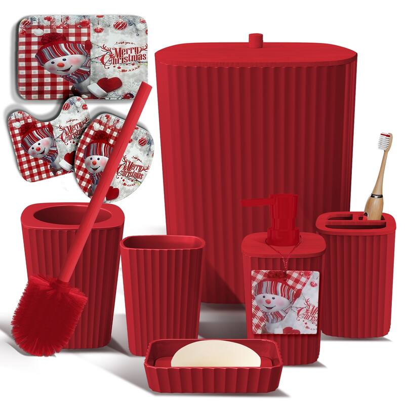 Empyrean Christmas Bathroom Decor, Bathroom Accessory Set with Toilet Brush, Trash Can & Soap Dispenser - Complete Set + Bath Rugs