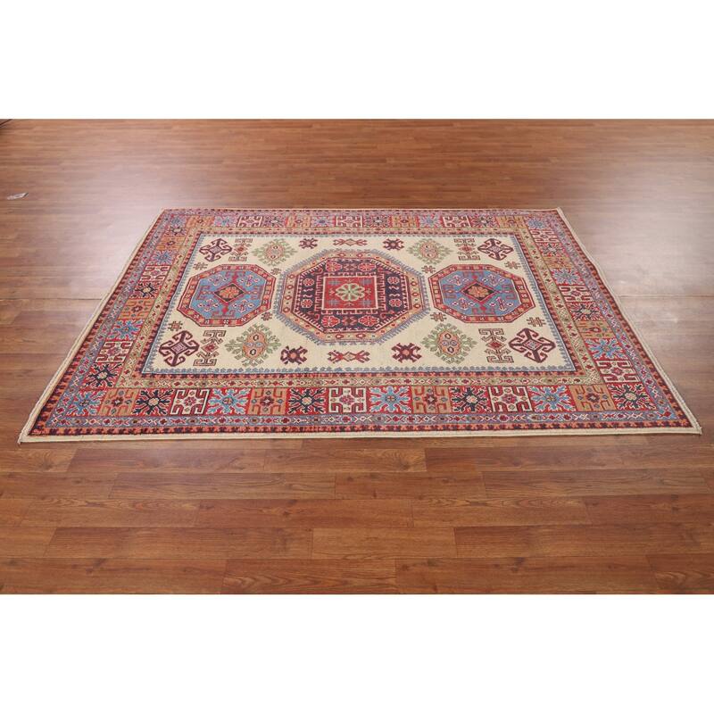 Traditional Beige Kazak Area Rug Handmade Oriental Wool Carpet - 4'11" x 6'7"