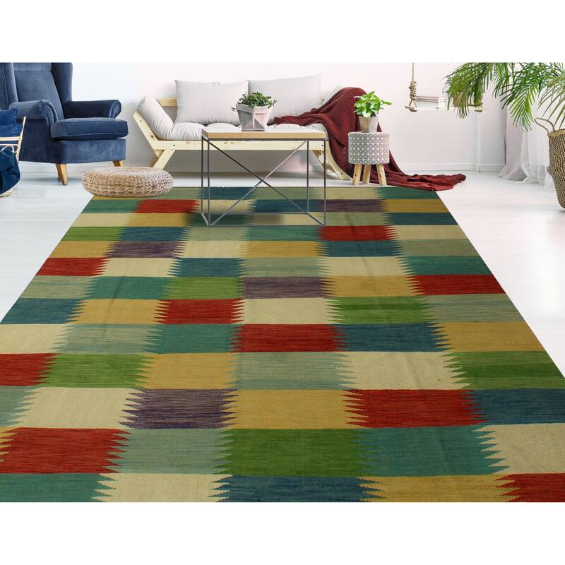 Hand-Woven Winchester Kilim Avizeh Beige/Blue Rug - 8'4" x 9'10"
