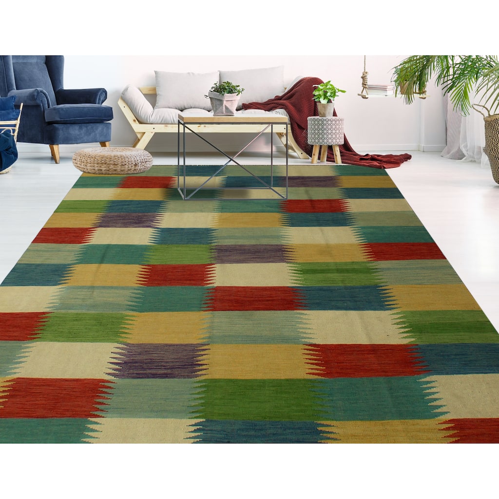 Hand-Woven Winchester Kilim Avizeh Beige/Blue Rug - 8'4" x 9'10"