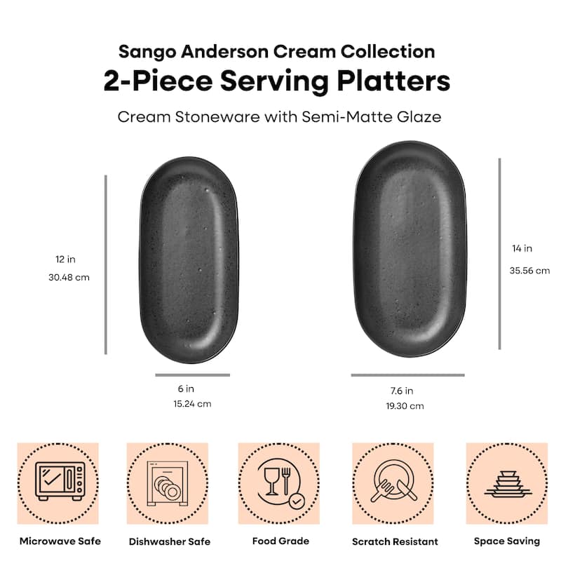 Sango Anderson Black Large Ceramic Serving Platters Set of 2, 14/12 Inch