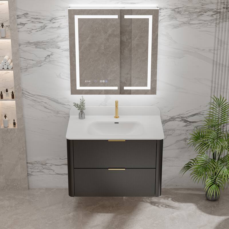 Modland Fluted Floating Vanity with Sink, Plywood Wall Mount Cabinet, Curved Edge, 24/30/36 Inch - 30 inch - Black