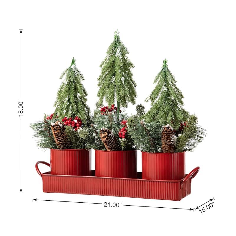 Glitzhome 21"L Christmas Metal Potted Triple Trees Centerpiece Table Settings