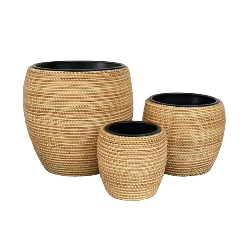 Alpine Corporation 18in Tall Poly Rattan Planter Set of 3 with Removable Inserts, Durable Resin Wicker-Style Outdoor Planters