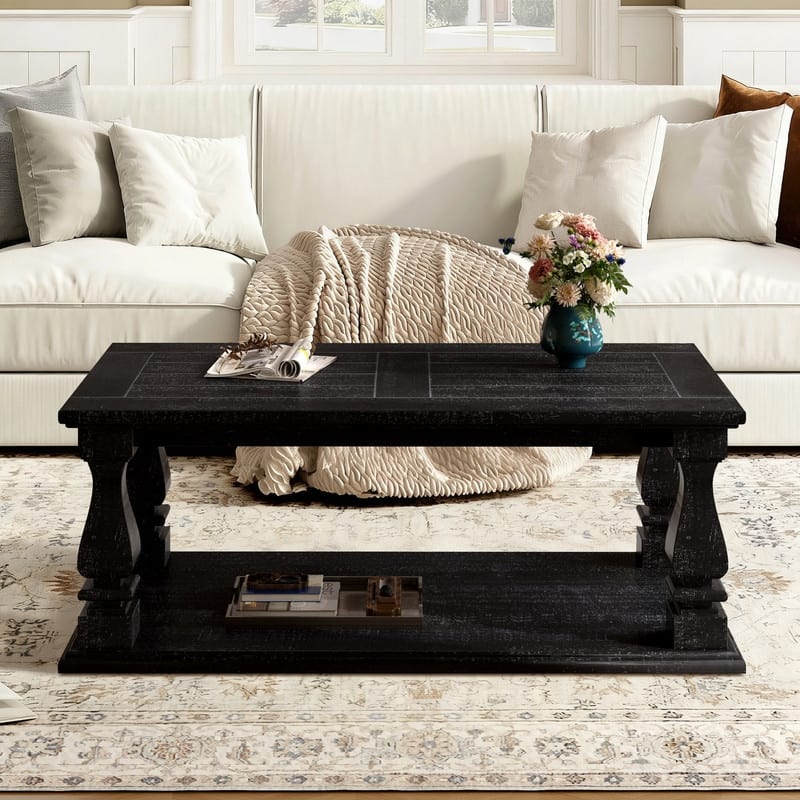 Farmhouse 47.24" Coffee Table with Heavy Planked Top and Storage for Rustic Living Room Style - Black