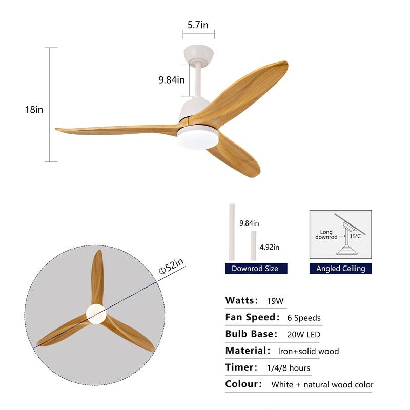 Hot sales 52 Inch Black Ceiling Fan With 3 Color Dimmable 5 Solide Wood Blades Remote Control Reversible DC Motor With Led Light